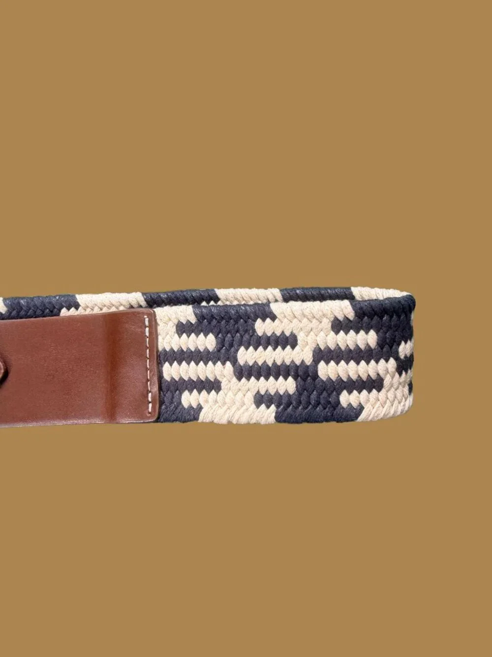 J.Crew Navy Cream Woven Stretch Belt Leather Tab Brass Buckle - Picture 2 of 4